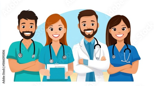 Diverse Medical Team Cartoon Illustration Healthcare Professionals Doctor Nurses Stethoscope