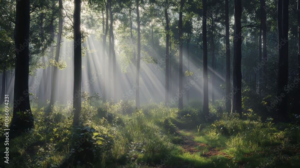 Obraz premium A forest with rays of sunlight, hypermaximalist, advertising photography, hyper realistic, fine detail,