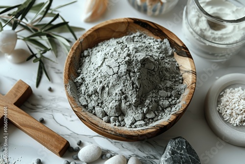 Grey Powder and Christian Cross with Olive Branch on Textured White Surface, Symbol of Ash Wednesday and Redemption