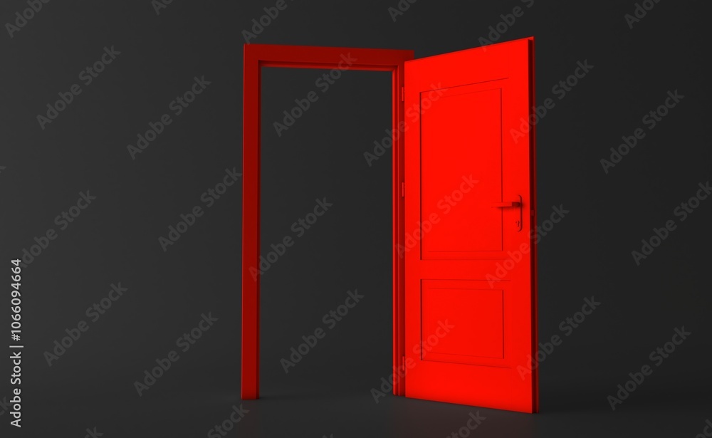 Open the door. Red door, open entrance in black background room. Architectural design element. Modern minimal concept. Opportunity metaphor. Open the door. Red door, open entrance in black background room. Architectural design element. Modern minimal concept. Opportunity metaphor.