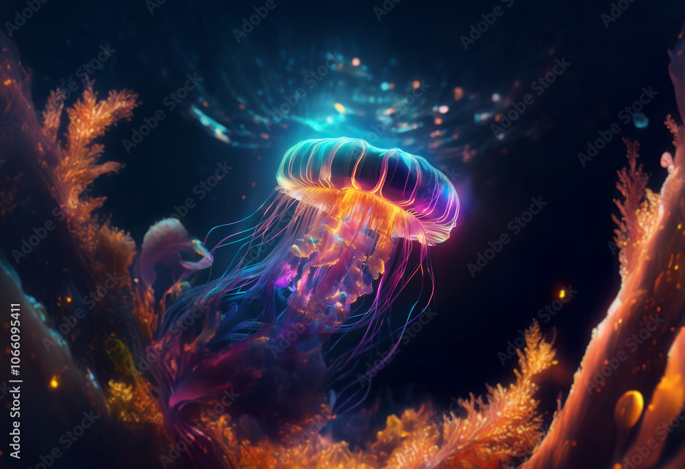 Naklejka premium A glowing jellyfish, with iridescent colors, is surrounded by bioluminescent flora.