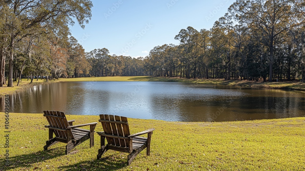 Tranquil Pond with Two Chairs Scenic Nature View Relaxing Outdoor Scene Tranquil Pond with Two Chairs Scenic Nature View Relaxing Outdoor Scene