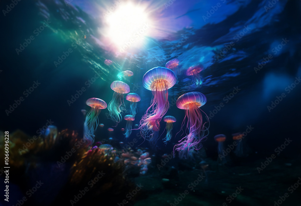 A school of bioluminescent jellyfish swim through the deep blue ocean, illuminated by the sun shining through the surface. A school of bioluminescent jellyfish swim through the deep blue ocean, illuminated by the sun shining through the surface.
