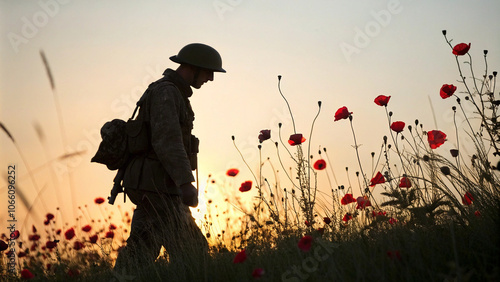 Silhouette of a World War Two soldier in a field of poppies at sunset with copy space photo