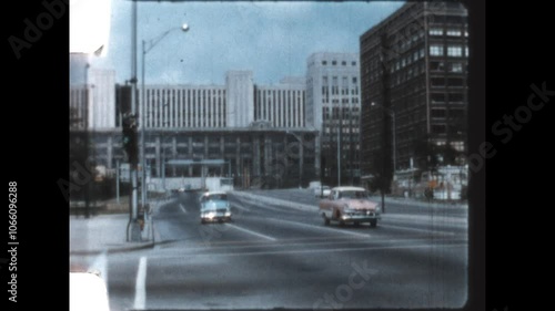 Chicago Main Post Office 1957 - Traffic travels on Congress Avenue, the road that passes under the old Chicago main Post Office seen in the background, in Chicago, Illinois, 1957.