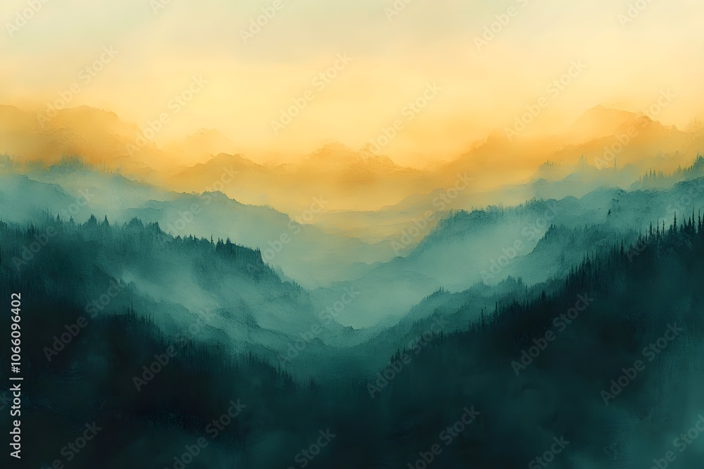 Obraz premium A breathtaking view of misty mountains at sunrise, with layers of trees and soft golden hues blending into the tranquil atmosphere of the early morning sky.