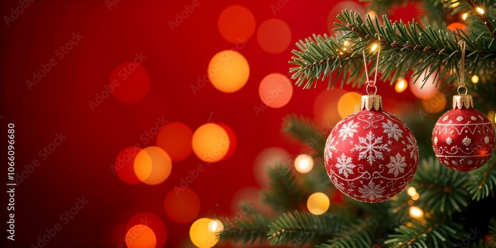 New Year decorations on a pine branch - red background with bokeh lights. New Year decorations on a pine branch - red background with bokeh lights.