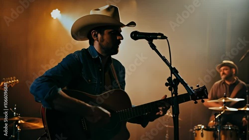 Country musician performing live with acoustic guitar in an intimate venue