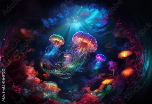 A cluster of glowing jellyfish swim in an underwater cave, bathed in an ethereal light.