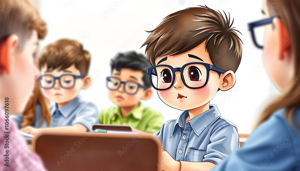 Fototapeta premium Cute schoolboy in eyeglasses answering questions of teacher at individual lesson isolated with white highlights, png