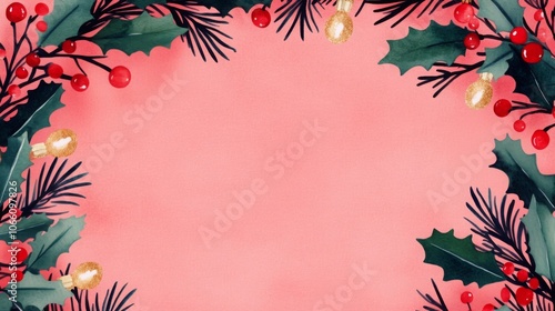 Holiday-themed border with holly leaves, red berries, and pine branches on a soft pink background, perfect for seasonal designs and greetings