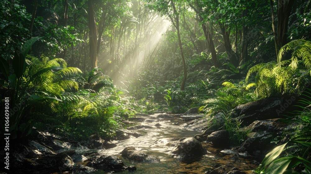 Fototapeta premium A Serene Stream Flowing Through a Lush, Sun-Dappled Rainforest