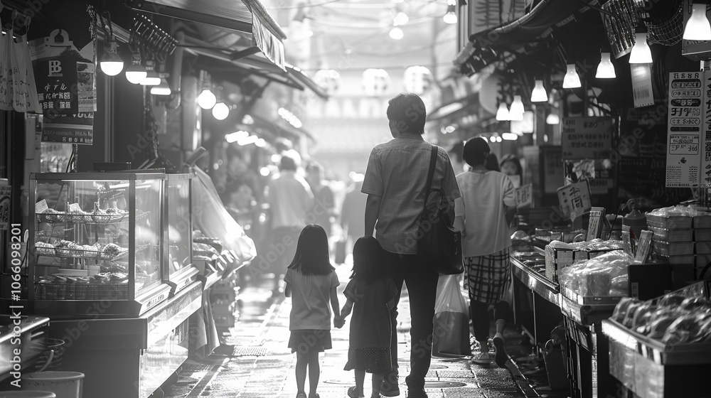 Obraz premium A family enjoys a day out in the local market exploring unique flavors and vibrant culture together