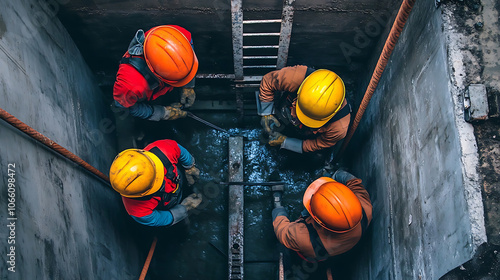 A group of workers conduct a confined space rescue drill photo