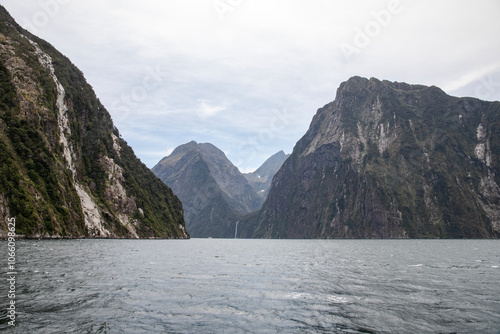 View of the mountains and cliffs photographed during a cruise through Milford Sound and Doubtful Sound.