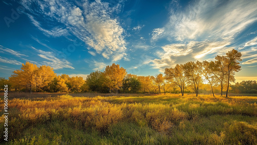 Tranquil Nature Scene with Yellow Fields, Greenery, and Blue Skies