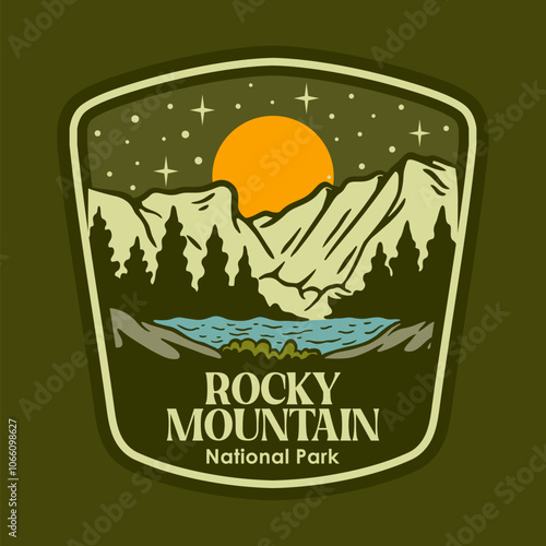 ROCKY MOUNTAIN AT THE NIGHT NATIONAL PARK BADGE LOGO DESIGN VECTOR ILLUSTRATION