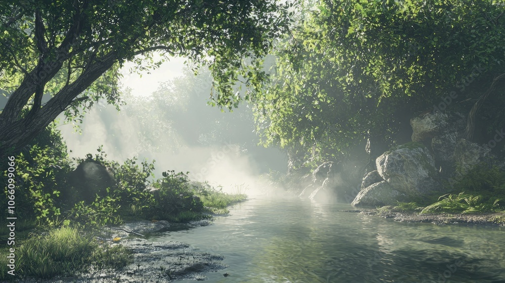 Obraz premium Tranquil Forest Stream with Mist and Sunlight