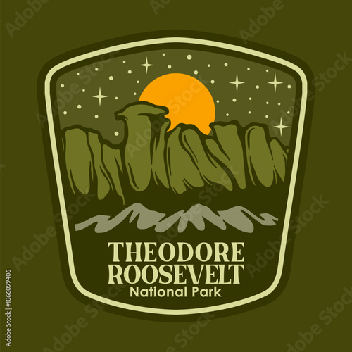 THEODORE ROOSEVELT AT THE NIGHT NATIONAL PARK BADGE LOGO DESIGN VECTOR ILLUSTRATION