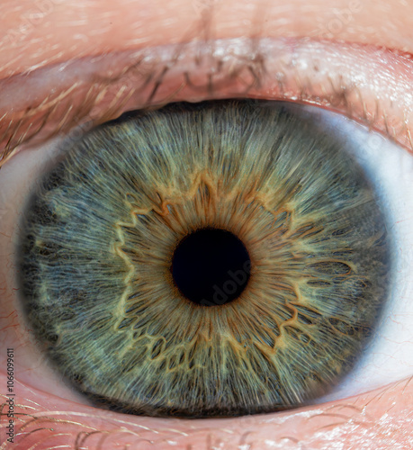 Detailed close-up of a green eye with a yellowish hue in the center, showcasing unique textures in the iris