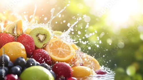 Vibrant Display of Fresh Fruits Splashing into Water.