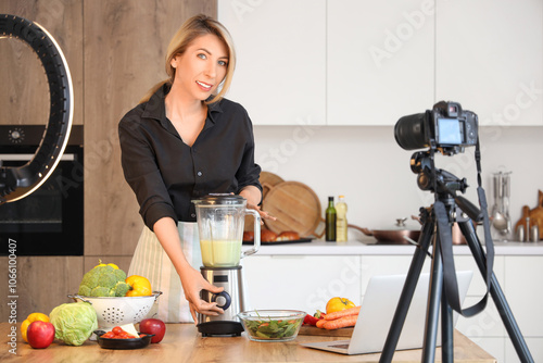 Female food blogger making ...