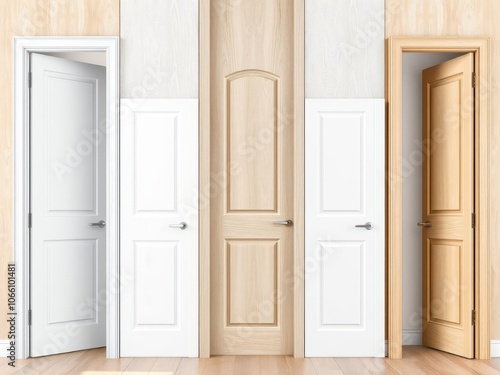 White wooden modern interior door collection set with various open and closed situations in isolated on white background  collection  home decor