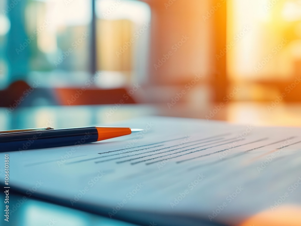 Fototapeta premium Business partnership agreement with vibrant documents, sleek modern office, soft lighting, dynamic energy