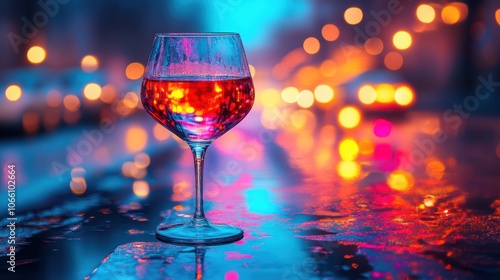 A glass of red wine with vibrant city lights reflecting on a wet street, symbolizing National Drunk and Drugged Driving Prevention Month and promoting responsible alcohol consumption.