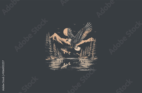 eagle catching fish in the lake with forest and mountains in the background logo design vector