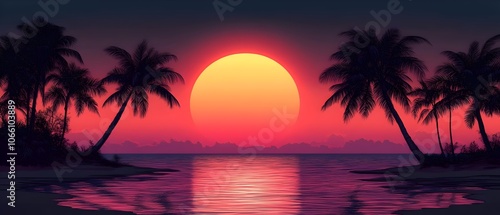 A breathtaking sunset over a tranquil beach, featuring silhouetted palm trees framing the vibrant orange and pink sun reflecting on the calm ocean waters.