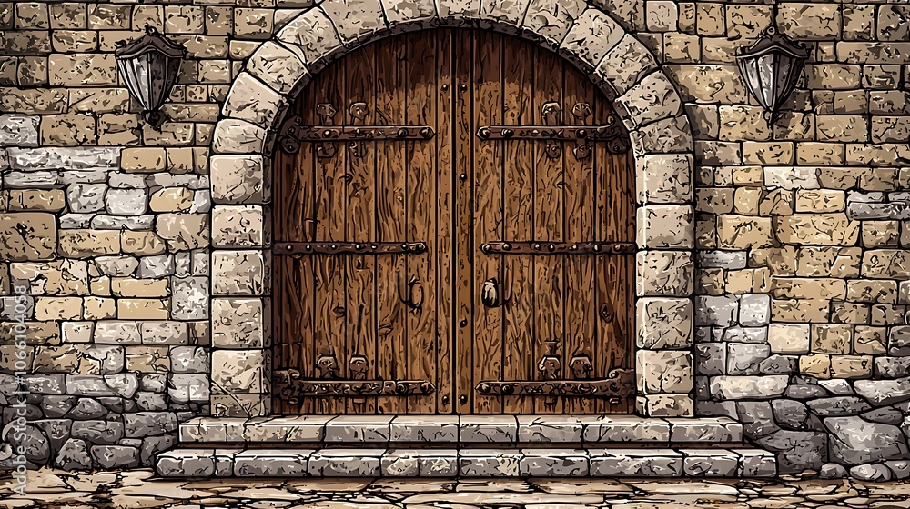 Fototapeta premium Ornate Wooden Doorway in a Stone Wall.