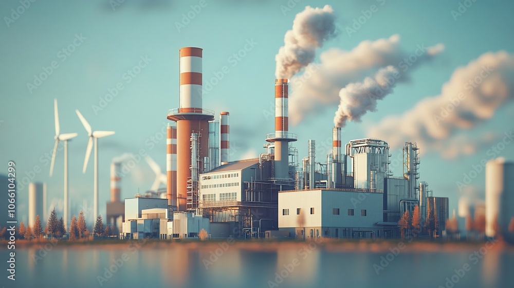 Obraz premium Industrial complex with smokestacks and wind turbines.