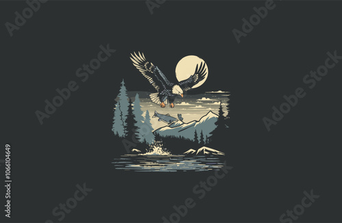 eagle catching fish in the lake with forest and mountains in the background logo design vector