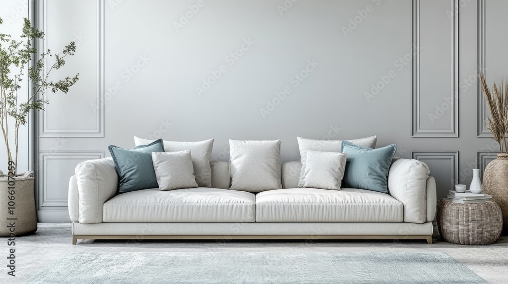 Fototapeta premium White Sofa with Blue Pillows in a Modern Living Room