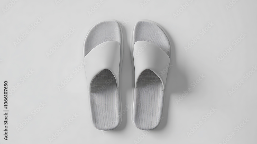 Soft gray home slippers, presented as a mockup design for hotel use, shown from a top-down view on a white background Soft gray home slippers, presented as a mockup design for hotel use, shown from a top-down view on a white background