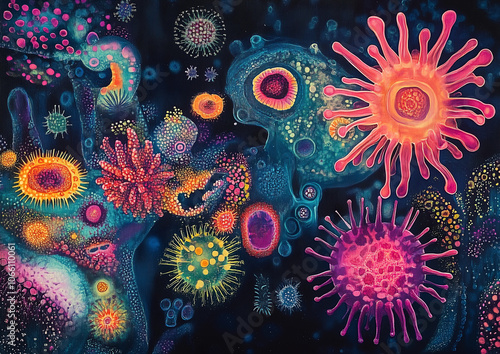 hand-painted illustration of the microscopic world