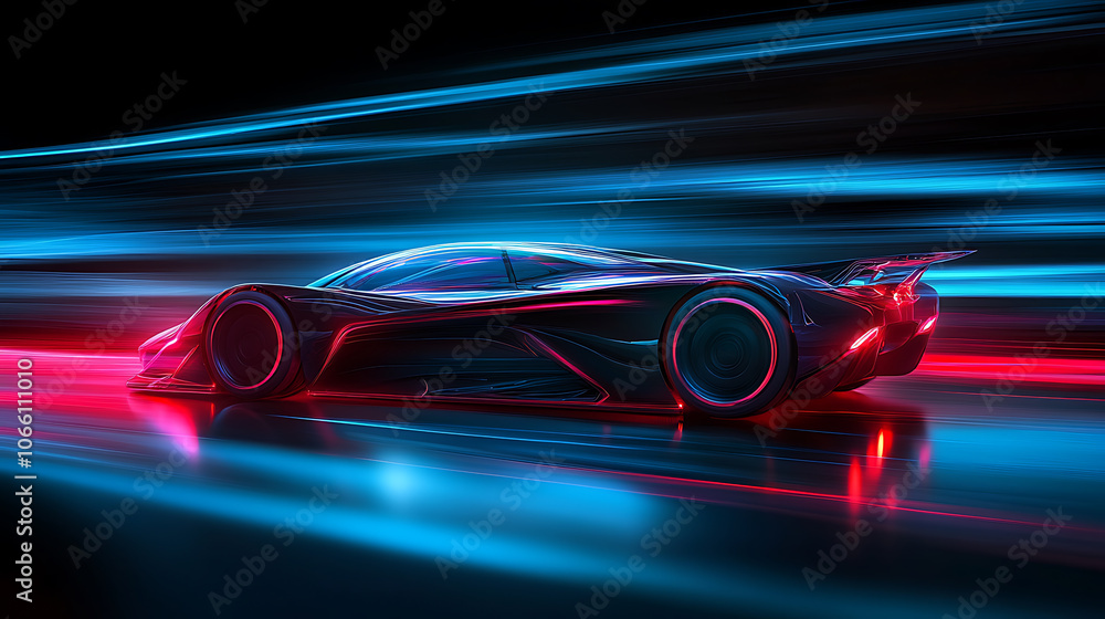 sleek hypercar concept with biomimetic design active aerodynamics and luminescent quantum dot paint glowing in a wind tunnel sleek hypercar concept with biomimetic design active aerodynamics and luminescent quantum dot paint glowing in a wind tunnel