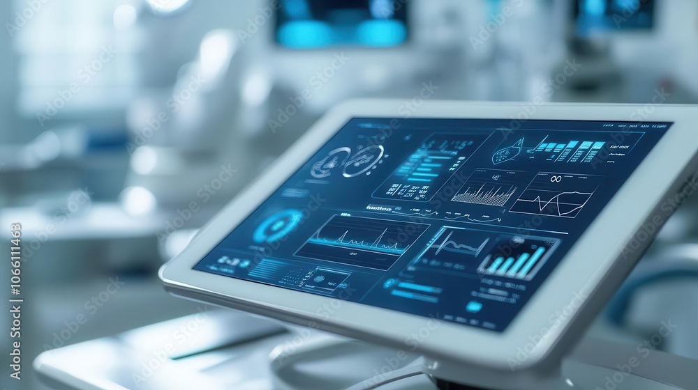 Fototapeta premium Healthcare technology devices with vibrant data, sleek modern design, soft lighting, high-tech healthcare vibe
