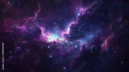 A stunning cosmic nebula bursts with colors, showcasing vibrant hues of purple and blue, illuminated by distant stars. It captures the vastness and beauty of outer space in enchanting detail.