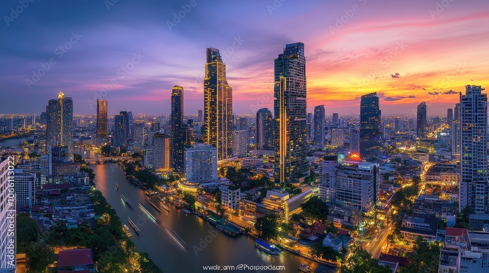 Illuminated Bangkok Cityscape with River and Sunset Sky Illuminated Bangkok Cityscape with River and Sunset Sky