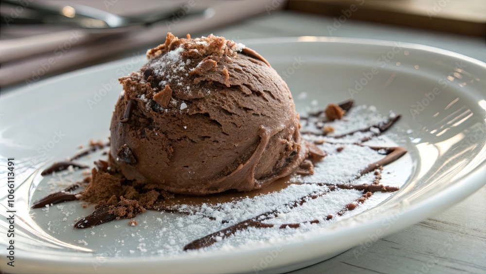 A solitary scoop of chocolate ice cream, adorned with a dusting of powdered sugar and a delicate drizzle of melted chocolate, rests on a pristine white plate, inviting a moment of sweet indulgence. A solitary scoop of chocolate ice cream, adorned with a dusting of powdered sugar and a delicate drizzle of melted chocolate, rests on a pristine white plate, inviting a moment of sweet indulgence.