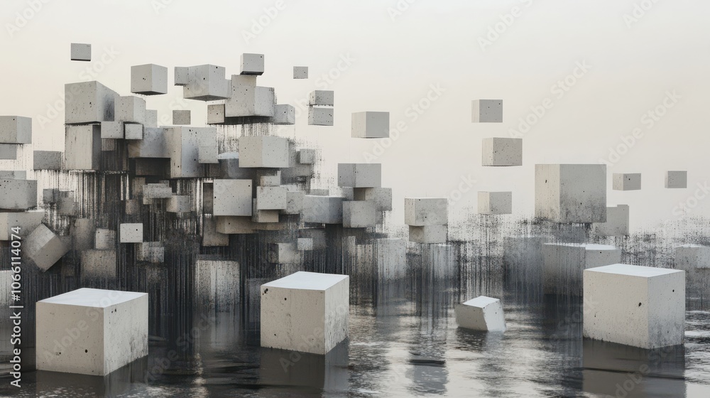 A captivating collage of varying-sized translucent cubes creates a complex interplay of reflections and shadows, evoking a sense of depth in a striking monochrome palette. A captivating collage of varying-sized translucent cubes creates a complex interplay of reflections and shadows, evoking a sense of depth in a striking monochrome palette.