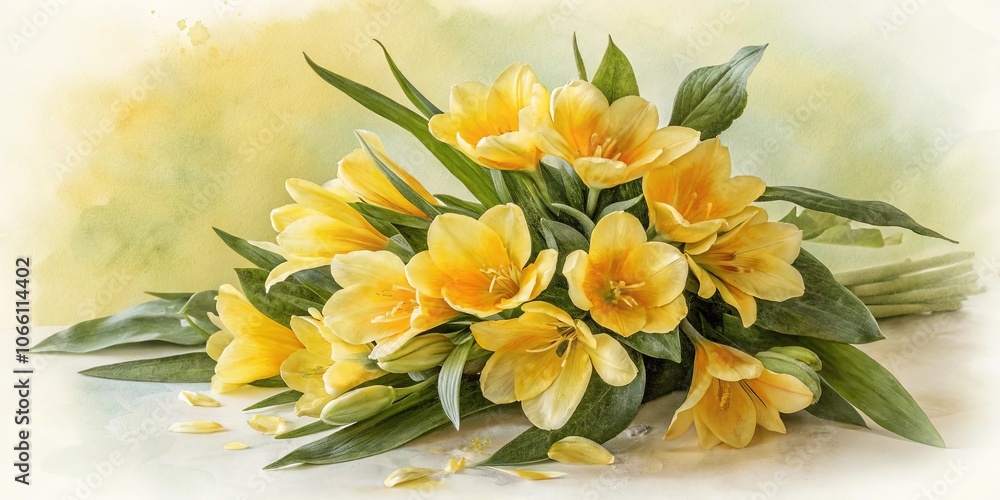 Obraz premium A vibrant bouquet of delicate yellow flowers with green foliage, artfully arranged on a light-colored background with soft watercolor effects, evoking a sense of springtime joy.