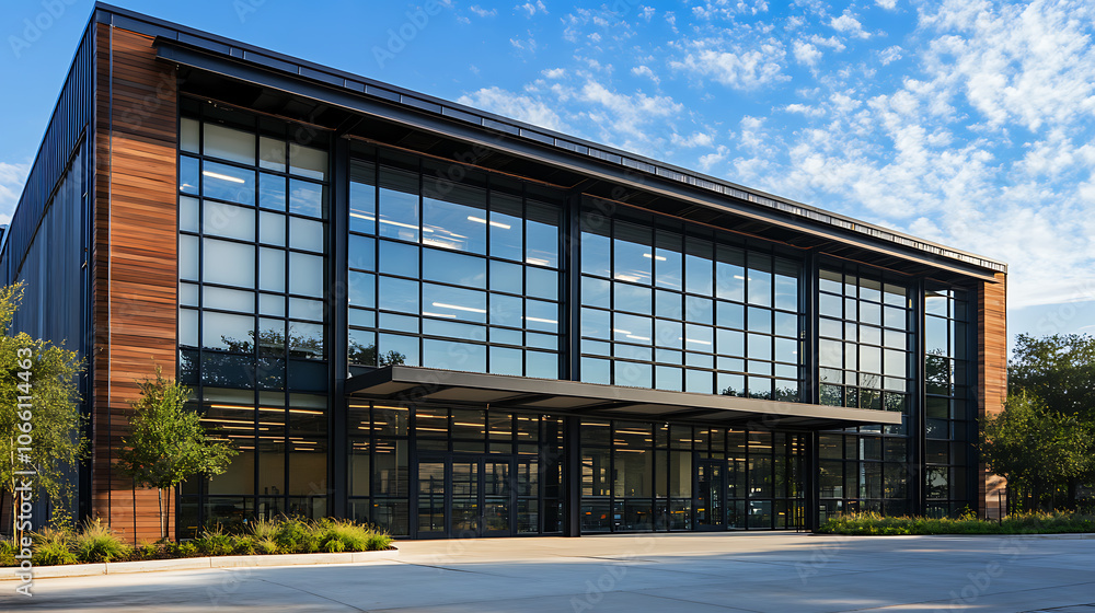 Contemporary warehouse office exterior, Sleek steel and glass facade with geometric patterns, Industrial chic meets modern architecture Contemporary warehouse office exterior, Sleek steel and glass facade with geometric patterns, Industrial chic meets modern architecture