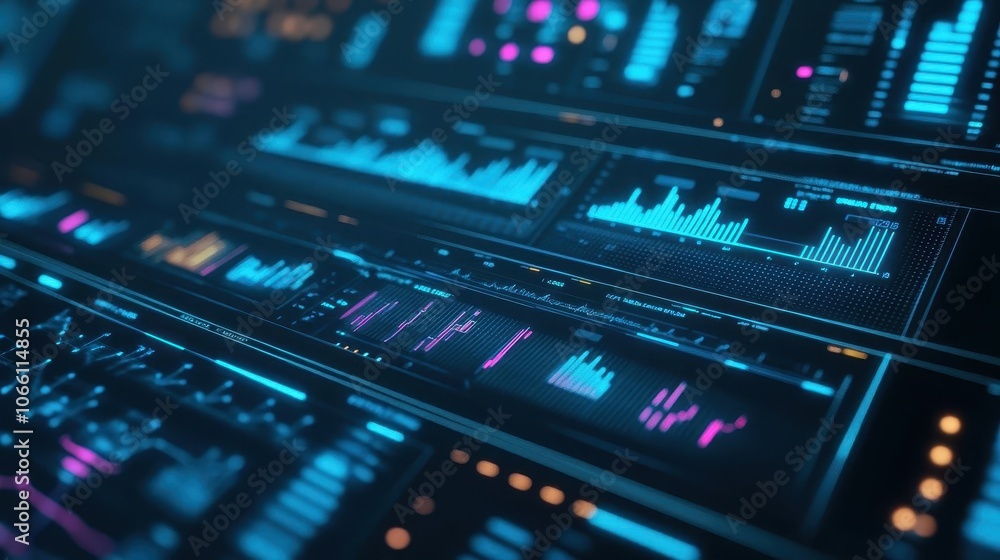Obraz premium Medical data analysis, vibrant charts, sleek interface, high-tech setup