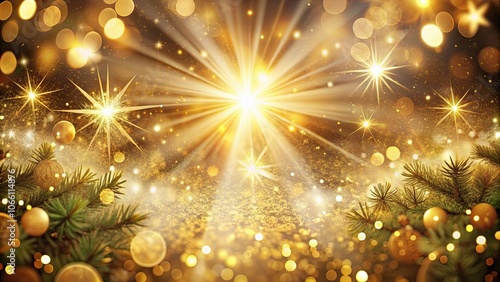 Golden rays and sparkles creating a festive Christmas background with defocused circle bokeh lights , golden, rays
