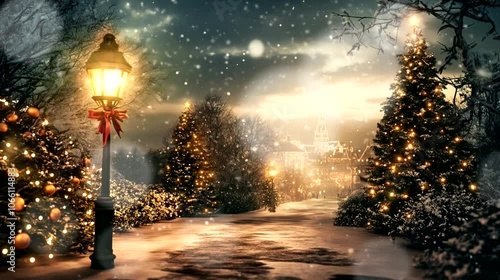 a christmas scene with a street lamp and trees. Seamless looping time-lapse virtual 4k video animation background
