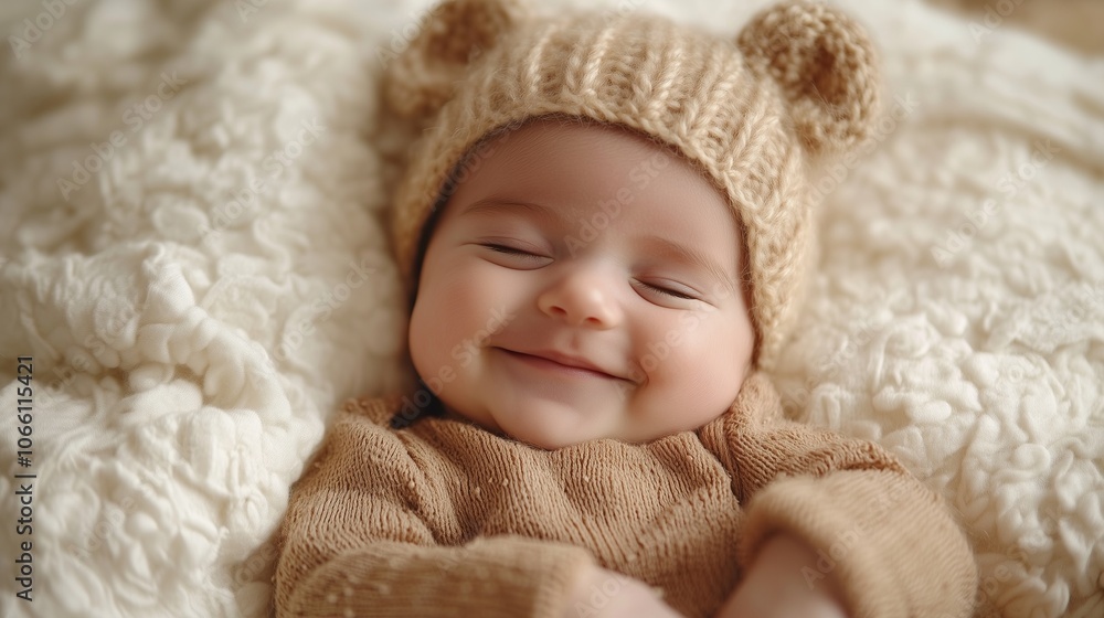 Cute baby smiling and sleeping on a soft white bed. Cute baby smiling and sleeping on a soft white bed.