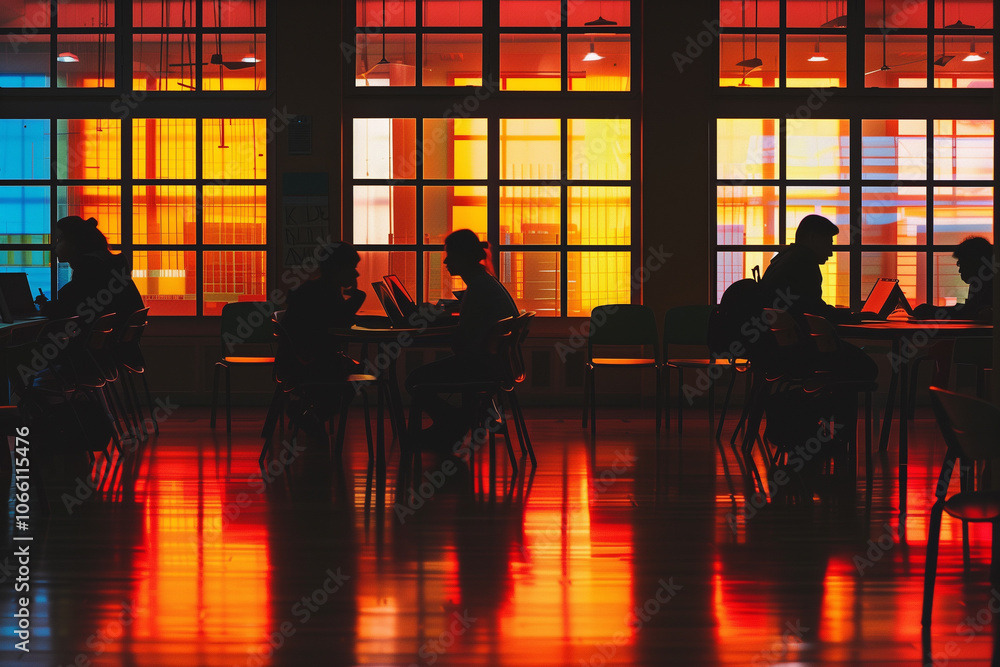 Silhouettes of diverse business people working on tablet with sunlight streaming through window in modern office building. Silhouettes of diverse business people working on tablet with sunlight streaming through window in modern office building.